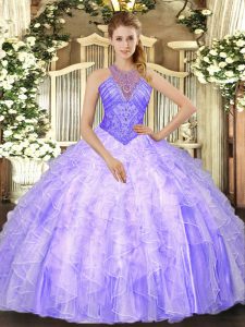 Stylish Lavender Lace Up High-neck Beading and Ruffles Quinceanera Dress Organza Sleeveless