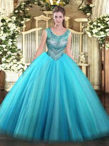 High Quality Sleeveless Floor Length Beading Lace Up 15th Birthday Dress with Baby Blue
