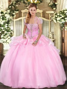 Baby Pink Lace Up Strapless Appliques Quince Ball Gowns Organza Sleeveless