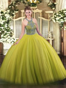 Olive Green Halter Top Neckline Beading 15th Birthday Dress Sleeveless Lace Up