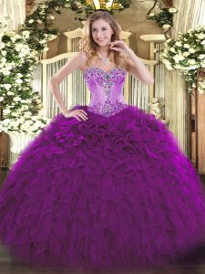 Eggplant Purple Sweetheart Neckline Beading and Ruffles 15th Birthday Dress Sleeveless Lace Up