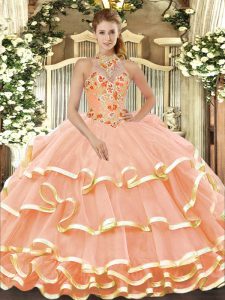 Halter Top Sleeveless Lace Up Vestidos de Quinceanera Peach Organza