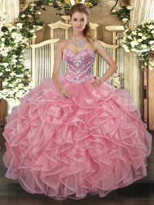 Extravagant Floor Length Pink Ball Gown Prom Dress Tulle Sleeveless Beading
