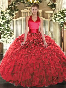 Red Lace Up Halter Top Ruffles Ball Gown Prom Dress Organza Sleeveless