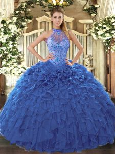 Luxury Sleeveless Organza Floor Length Lace Up Quince Ball Gowns in Blue with Beading and Embroidery and Ruffles