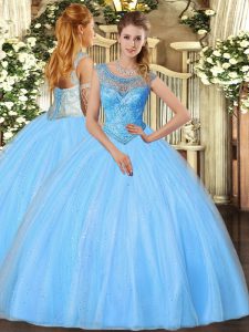 Artistic Baby Blue Ball Gowns Tulle Scoop Sleeveless Beading Floor Length Lace Up Sweet 16 Dress