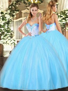 Artistic Floor Length Aqua Blue Quinceanera Gowns Sweetheart Sleeveless Lace Up