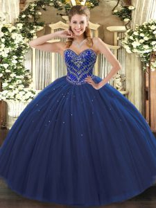 Navy Blue Sleeveless Tulle Lace Up Sweet 16 Dress for Military Ball and Sweet 16 and Quinceanera