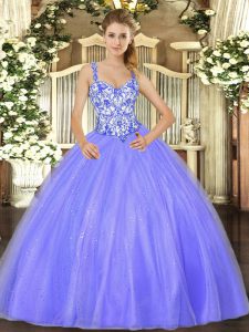 Floor Length Lavender Quince Ball Gowns Organza Sleeveless Beading