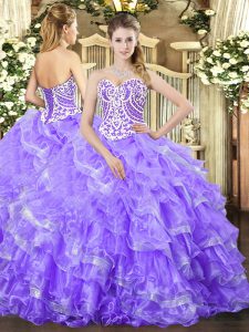Lavender Lace Up Quinceanera Gowns Beading and Ruffled Layers Sleeveless Floor Length
