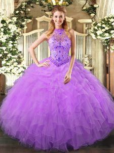 Super Organza Halter Top Sleeveless Lace Up Beading and Ruffles Quince Ball Gowns in Lavender
