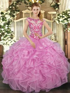 Lilac Ball Gowns Beading and Appliques and Ruffles Sweet 16 Dress Lace Up Organza Cap Sleeves Floor Length