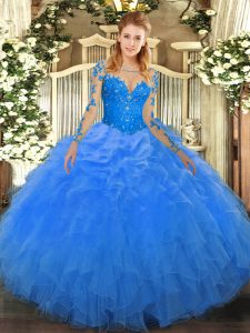 Enchanting Blue Ball Gowns Organza Scoop Long Sleeves Lace and Ruffles Floor Length Lace Up Quinceanera Gowns