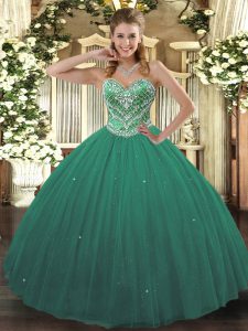 Decent Turquoise Lace Up Quinceanera Gowns Beading Sleeveless Floor Length