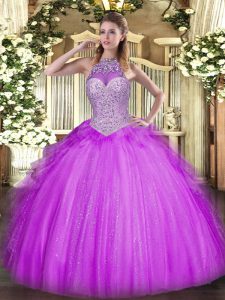 Elegant Halter Top Sleeveless Lace Up Vestidos de Quinceanera Lilac Tulle