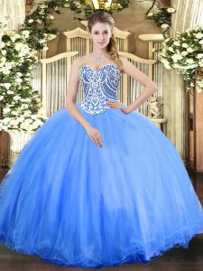 Enchanting Sleeveless Floor Length Beading Lace Up Ball Gown Prom Dress with Baby Blue