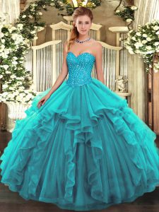 Delicate Sleeveless Tulle Floor Length Lace Up Sweet 16 Dress in Teal with Beading and Ruffles