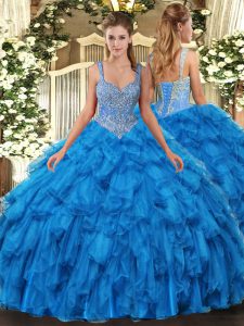 Classical Blue Ball Gowns Organza Straps Sleeveless Beading and Ruffles Floor Length Lace Up Quinceanera Gowns