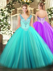 Glamorous Aqua Blue Sleeveless Tulle Lace Up Sweet 16 Quinceanera Dress for Military Ball and Sweet 16 and Quinceanera