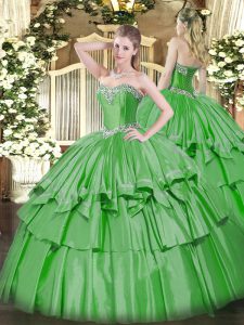 Custom Fit Beading and Ruffled Layers Quinceanera Gown Green Lace Up Sleeveless Floor Length