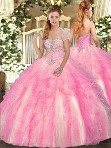 Appliques and Ruffles Vestidos de Quinceanera Rose Pink Lace Up Sleeveless Floor Length