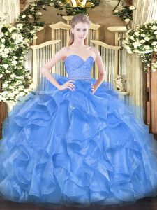 Baby Blue Zipper Quinceanera Gowns Beading and Lace and Ruffles Sleeveless Floor Length