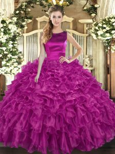 New Arrival Fuchsia 15th Birthday Dress Military Ball and Sweet 16 and Quinceanera with Ruffles Scoop Sleeveless Lace Up
