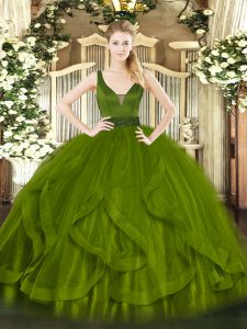 Custom Design Sleeveless Tulle Floor Length Zipper Quinceanera Gown in Olive Green with Beading and Ruffles