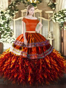 Rust Red Short Sleeves Organza Zipper Ball Gown Prom Dress for Military Ball and Sweet 16 and Quinceanera