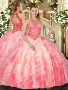 Hot Sale Watermelon Red Sleeveless Floor Length Beading and Ruffles Lace Up Quinceanera Dress