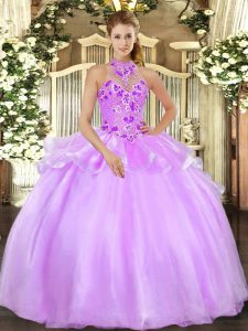 Admirable Halter Top Sleeveless Lace Up Quince Ball Gowns Lilac Organza