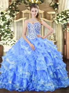 Blue Organza Lace Up Sweetheart Sleeveless Floor Length Quinceanera Gown Beading and Ruffled Layers