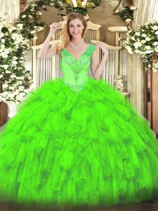 V-neck Sleeveless Organza Quinceanera Dress Beading and Ruffles Lace Up