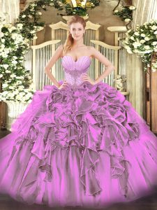 Adorable Lilac Organza Lace Up Quinceanera Gown Sleeveless Floor Length Beading and Ruffles