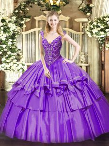 Hot Sale Organza and Taffeta V-neck Sleeveless Lace Up Beading and Ruffled Layers Quince Ball Gowns in Lavender