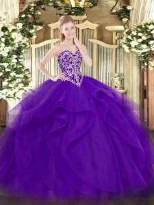 Sweetheart Sleeveless Quince Ball Gowns Floor Length Beading and Ruffles Purple Tulle