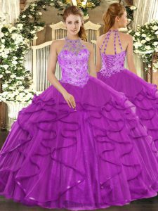 Purple Lace Up Halter Top Beading and Ruffles Sweet 16 Dresses Organza Sleeveless