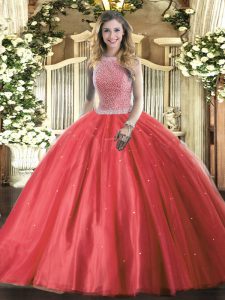 Beading Sweet 16 Dresses Red Lace Up Sleeveless Floor Length