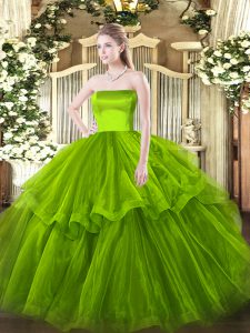 Olive Green Ball Gowns Tulle Strapless Sleeveless Ruffled Layers Zipper Quinceanera Gown Brush Train