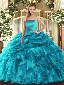 Teal Strapless Lace Up Ruffles and Pick Ups Quinceanera Gowns Sleeveless