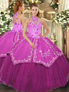 Dramatic Satin and Tulle Sleeveless Floor Length 15 Quinceanera Dress and Beading and Embroidery