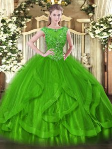 Sexy Sleeveless Tulle Floor Length Zipper Quince Ball Gowns in Green with Beading