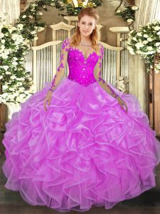 Best Selling Long Sleeves Floor Length Lace and Ruffles Lace Up Quinceanera Dress with Lilac