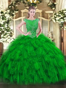 Spectacular Green Organza Zipper Scoop Sleeveless Floor Length Quince Ball Gowns Beading and Ruffles