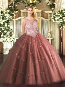 Glittering Tulle Scoop Sleeveless Zipper Beading and Appliques 15th Birthday Dress in Brown