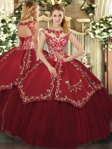 Unique Floor Length Wine Red 15 Quinceanera Dress Satin and Tulle Cap Sleeves Beading and Appliques and Embroidery