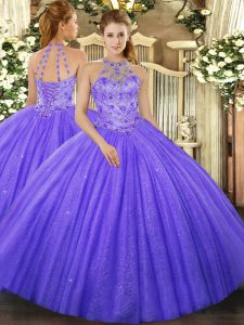 Trendy Halter Top Sleeveless Tulle Quinceanera Dress Beading and Embroidery Lace Up