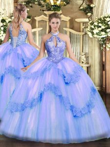 Custom Fit Tulle Sleeveless Floor Length Quinceanera Dresses and Appliques and Sequins