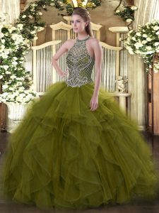 Floor Length Olive Green Quinceanera Gown Organza Sleeveless Beading