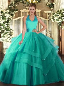 Best Selling Turquoise Tulle Lace Up Halter Top Sleeveless Floor Length Vestidos de Quinceanera Ruffled Layers